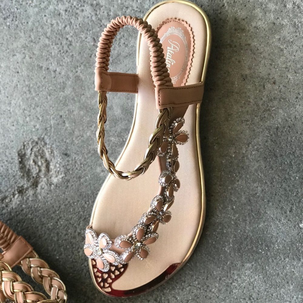 3 Left!  Italina Camel Floral Rhinestone Flat Sandal - Picture 9 of 13